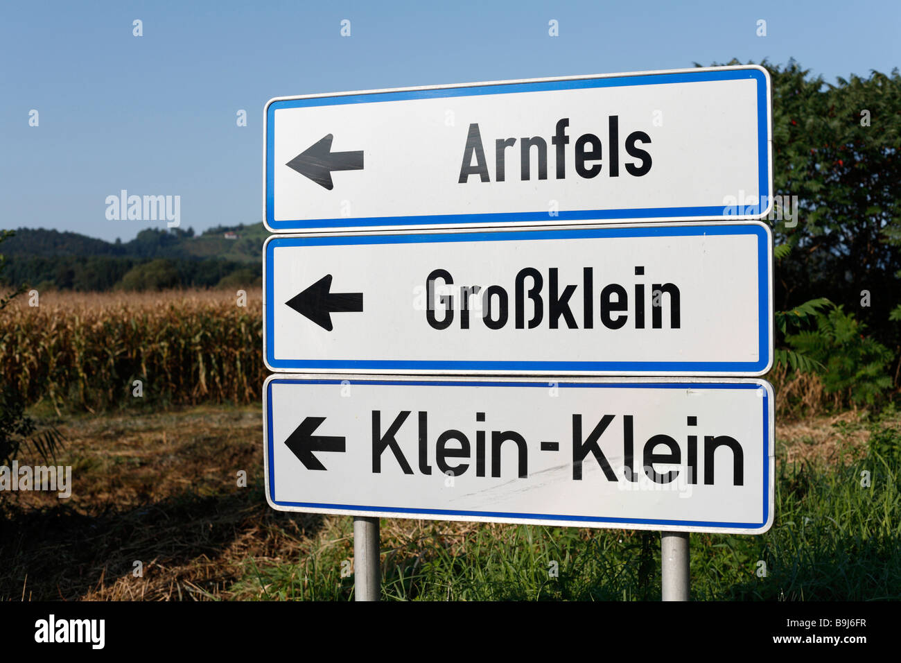 Direction sign 'Arnfels, Grossklein, Klein-Klein', Styria, Austria, Europe Stock Photo