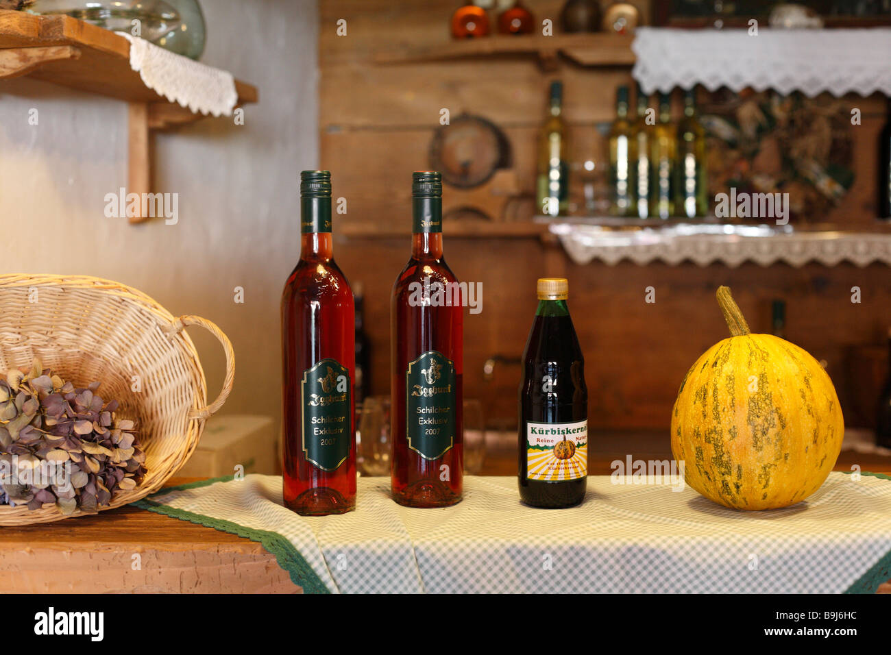 Wine bottles, pumpkin seed oil and pumpkin, Schilcher Wienstrasse, wein trail, Greisdorf, Steiermark, Austria, Europe Stock Photo