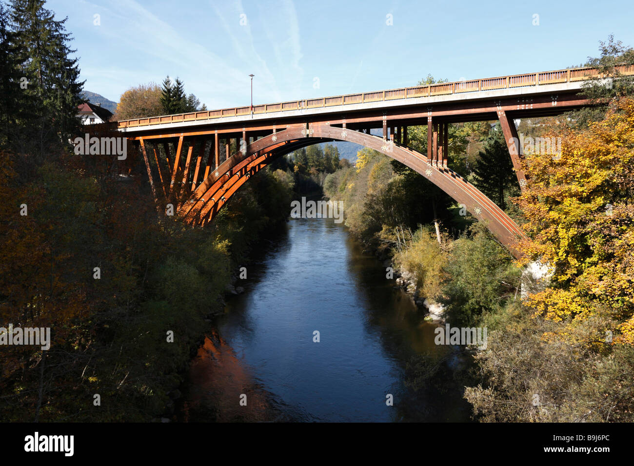 Wooden bridge over Mur River in St. Georgen ob Murau, steirische Holzstrasse, 'Styrian Wood Road', Styria, Austria, Europe Stock Photo