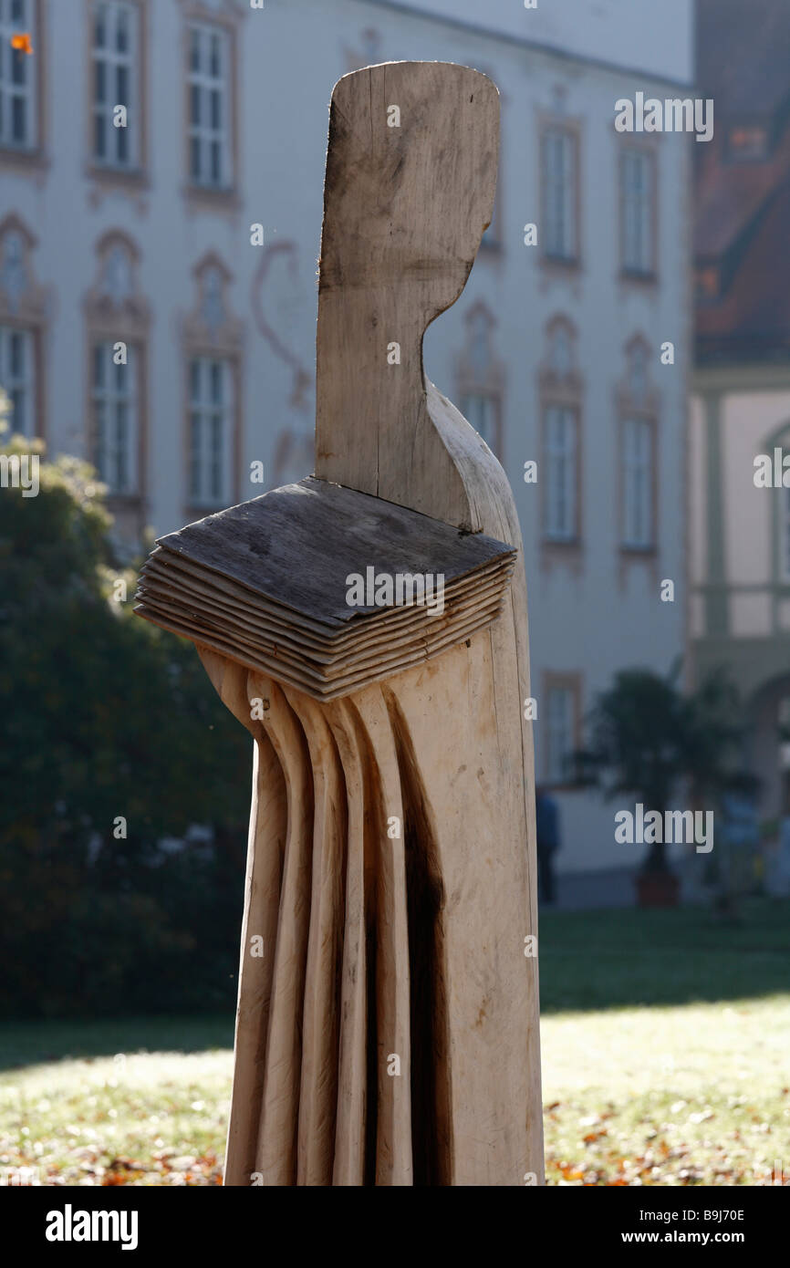 Wooden sculpture 'Hrabanus Maurus Praeceptor Germaniae' by Franz Haemmerle, Benediktbeuren Monastery, Upper Bavaria, Germany, E Stock Photo