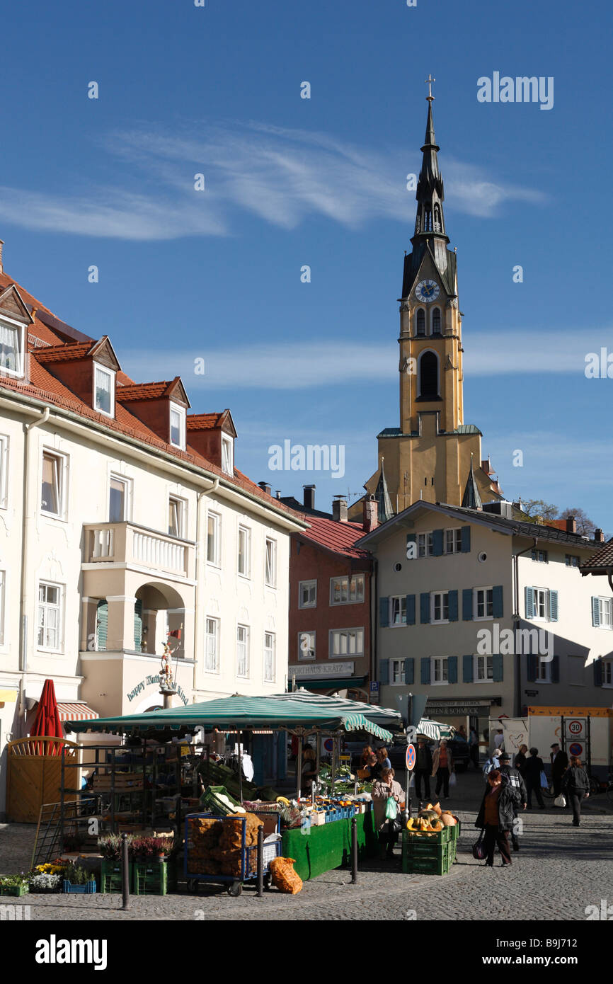 Am Gries market and parish church, Bad Toelz, Isarwinkel, Upper Bavaria, Germany, Europe Stock Photo