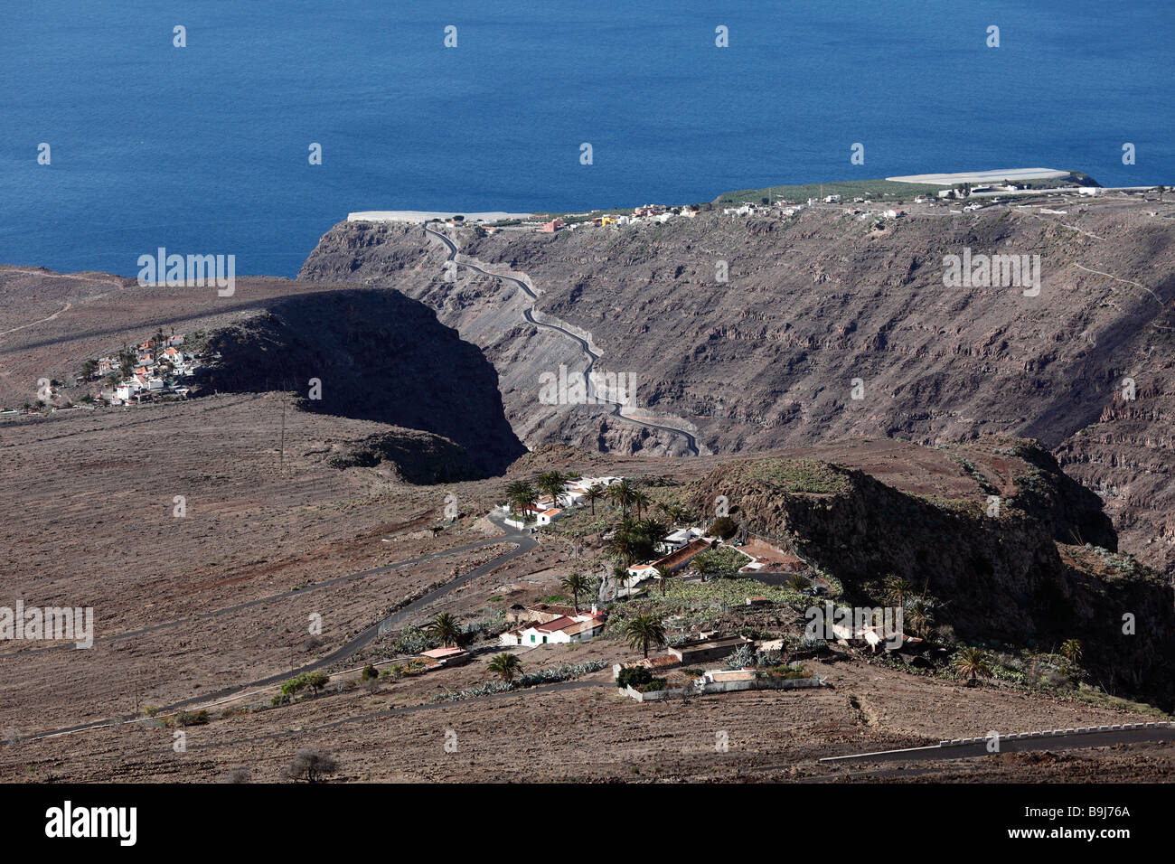 Settelments, El Drago in the front, Arguayoda on the left, La Dama in the back, La Gomera, Canary Islands, Spain, Europe Stock Photo