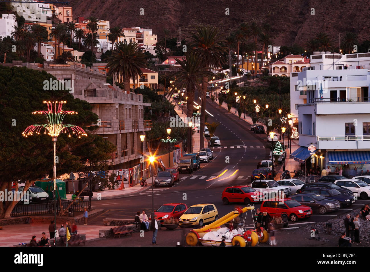 Streets with Christmas decoration at nighttime in La Playa, Valle Gran Rey, La Gomera, Canaries, Canary Islands, Spain, Europe Stock Photo