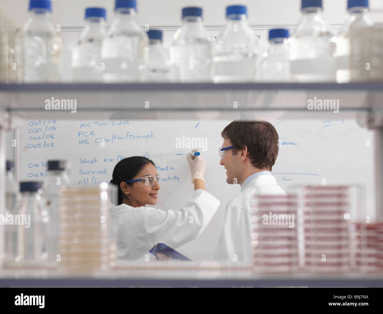 Laboratory technicians and whiteboard Stock Photo