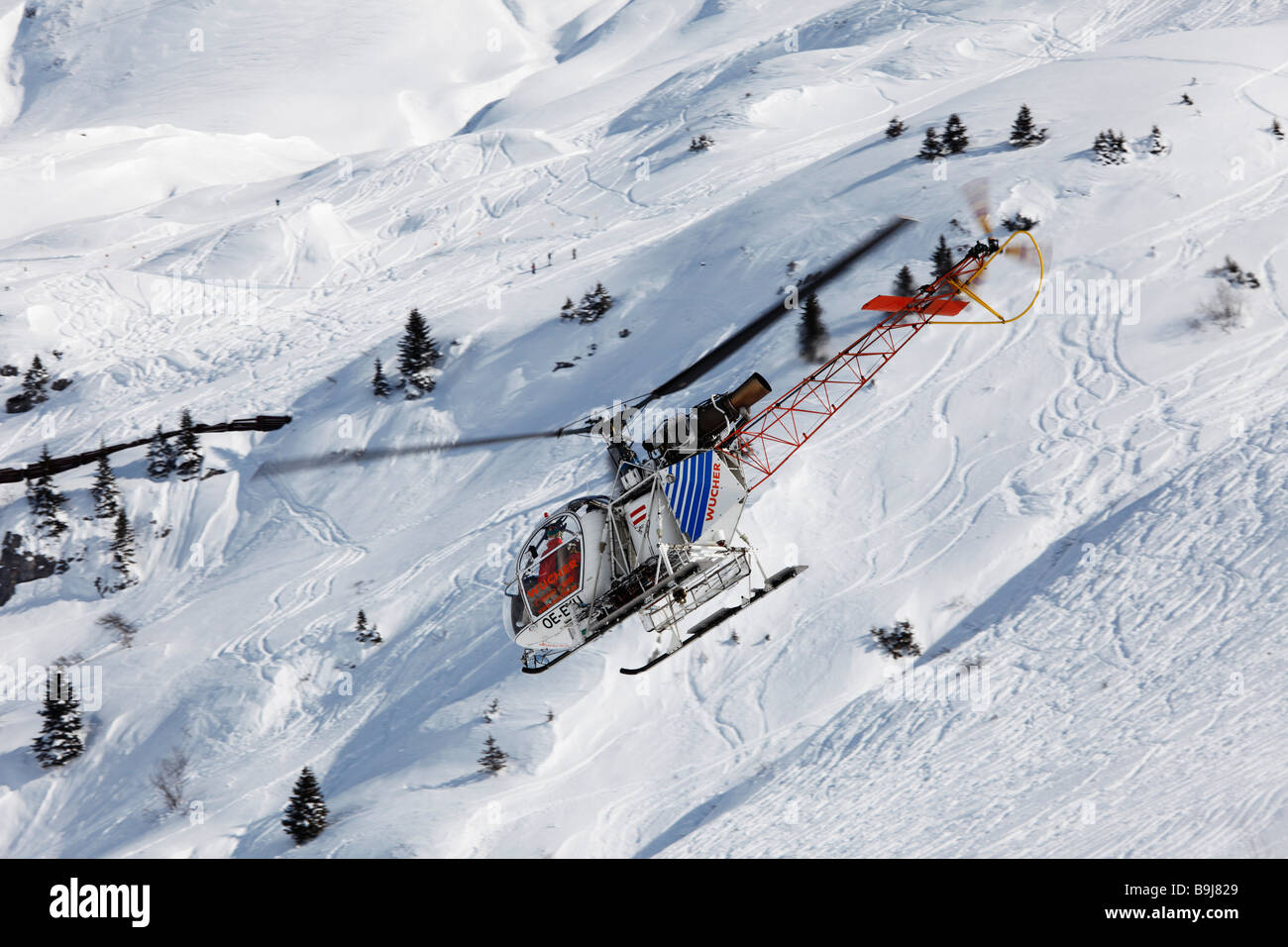 Helicopter near Zuers, Helikopter-Skiing, Heli-skiing, Vorarlberg, Austria Stock Photo