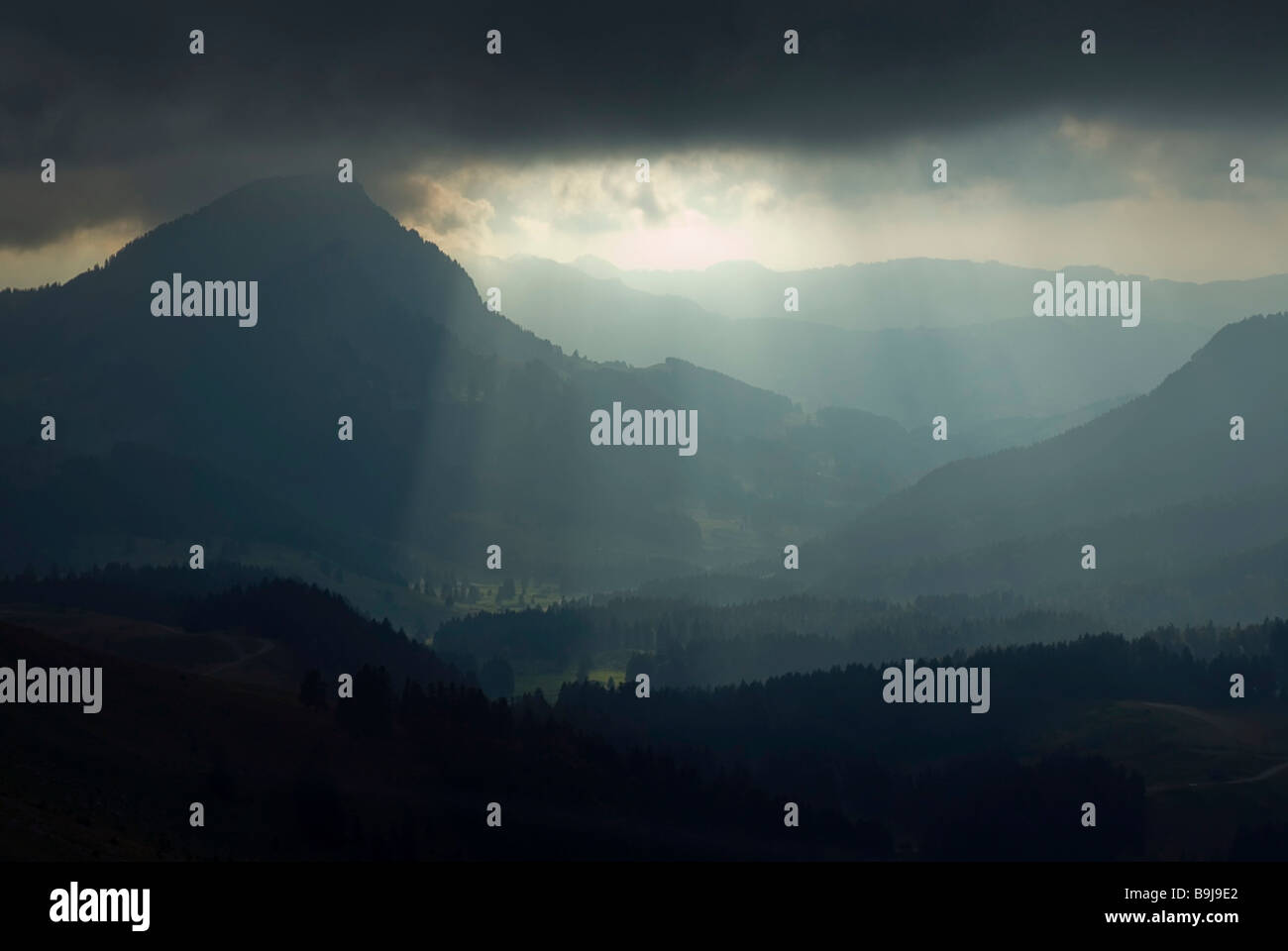 Mountain landscape with light curtain ahead of brewing storm, Appenzeller Alps, Kanton St. Gallen, Switzerland, Europe Stock Photo