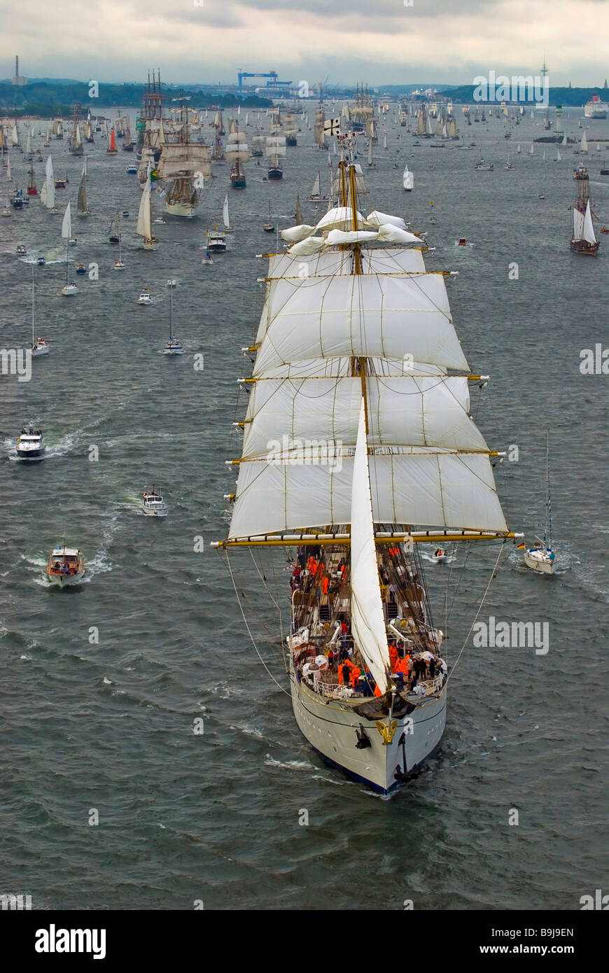 Winderjammer Parade at Kieler Woche 2008 with German sail training vessel and command ship Marine Gorch Fock and further Stock Photo