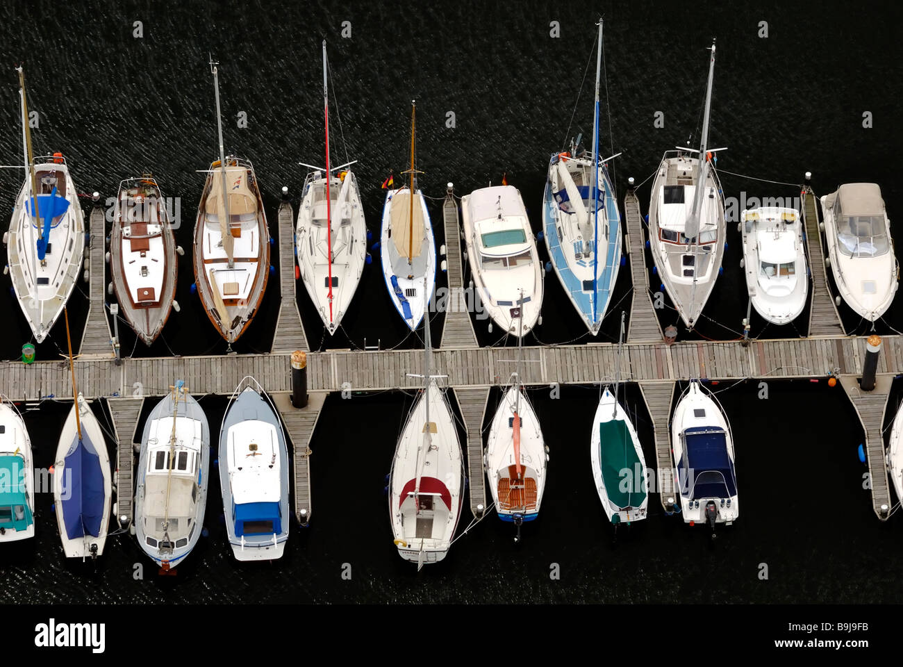 Sailing boats in the marina from a bird's eye view, Kiel-Schilksee, Schleswig-Holstein, Germany, Europe Stock Photo