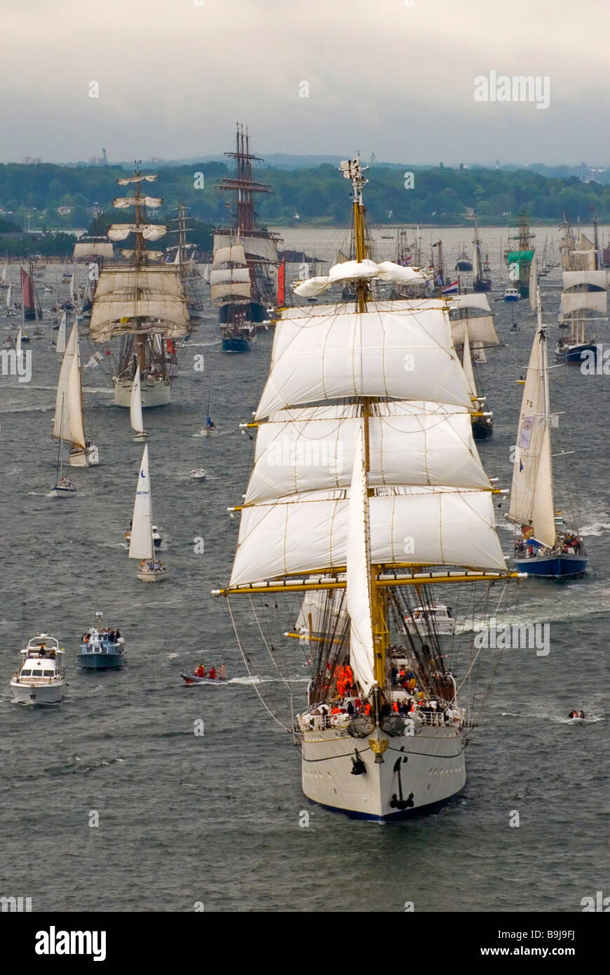 Parade of windjammers at the Kieler Woche 2008, Kiel Week 2008 with the sail training ship Gorch Fock of the German navy as the Stock Photo