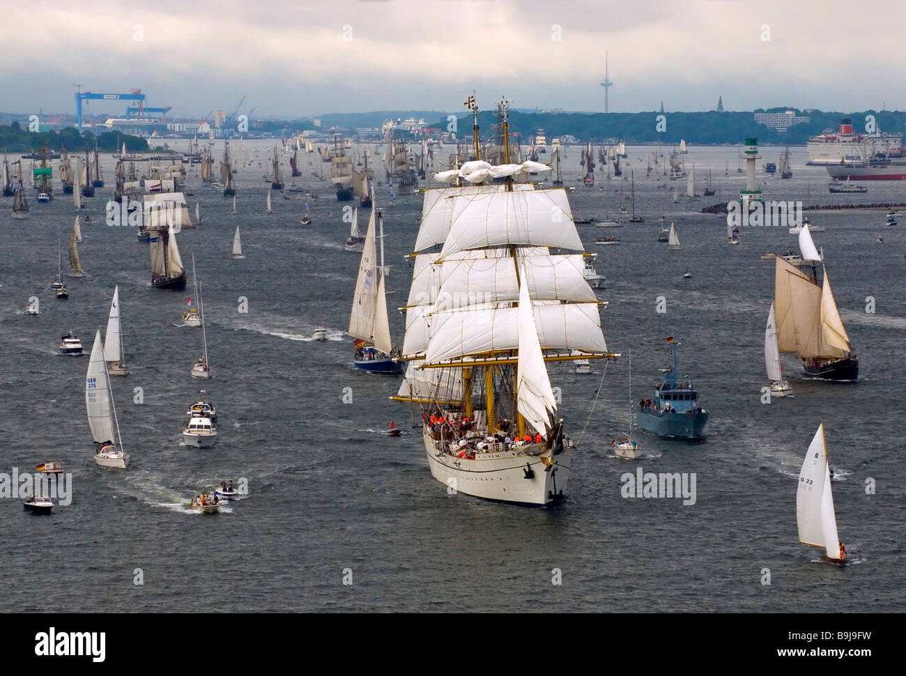 Parade of windjammers at the Kieler Woche 2008, Kiel Week 2008 with the sail training ship Gorch Fock of the German navy as the Stock Photo