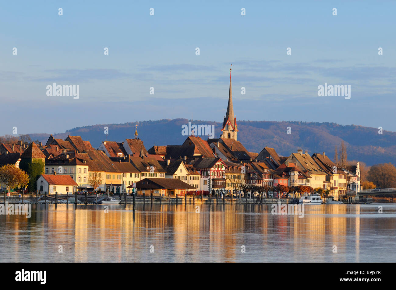Historic city of Stein on the Rhine River, evening light, Canton of Schaffenhausen, Switherland, Europe Stock Photo
