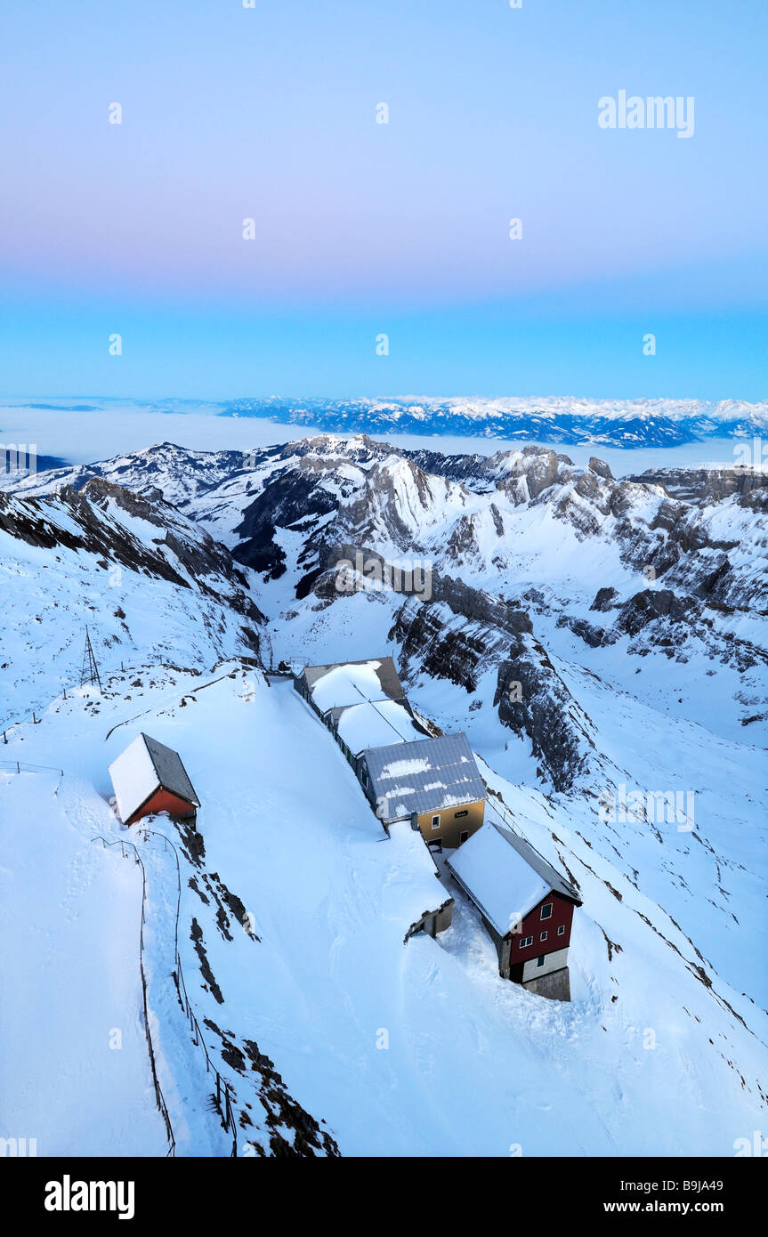 Snowbound mountain restaurants on Mt Saentis, Canton of Appenzell Innerrhoden, Switzerland, Europe Stock Photo