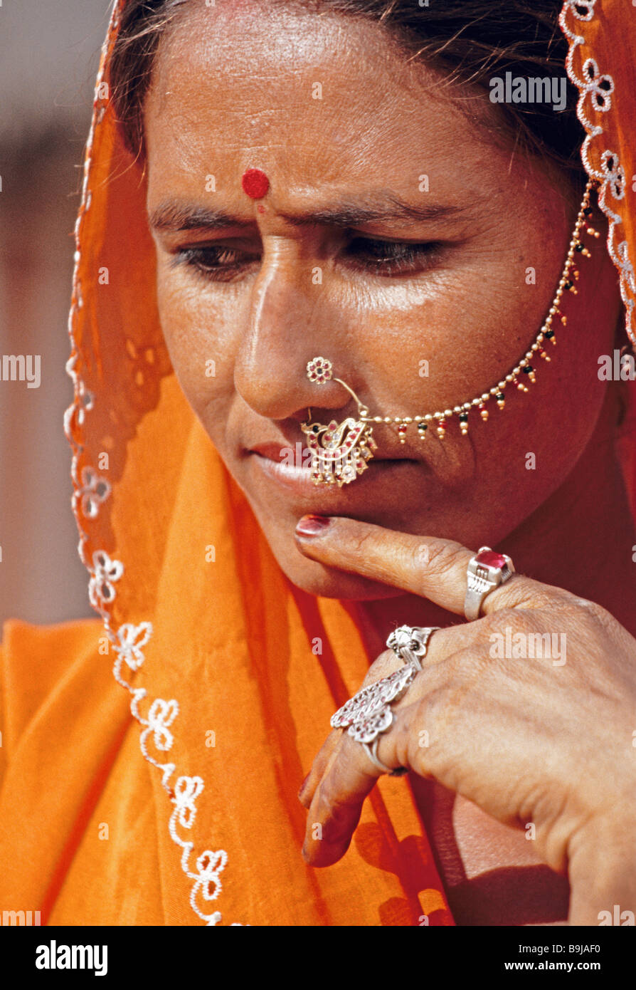 Rajasthani woman wearing silver jewelry in Bishnoi village near