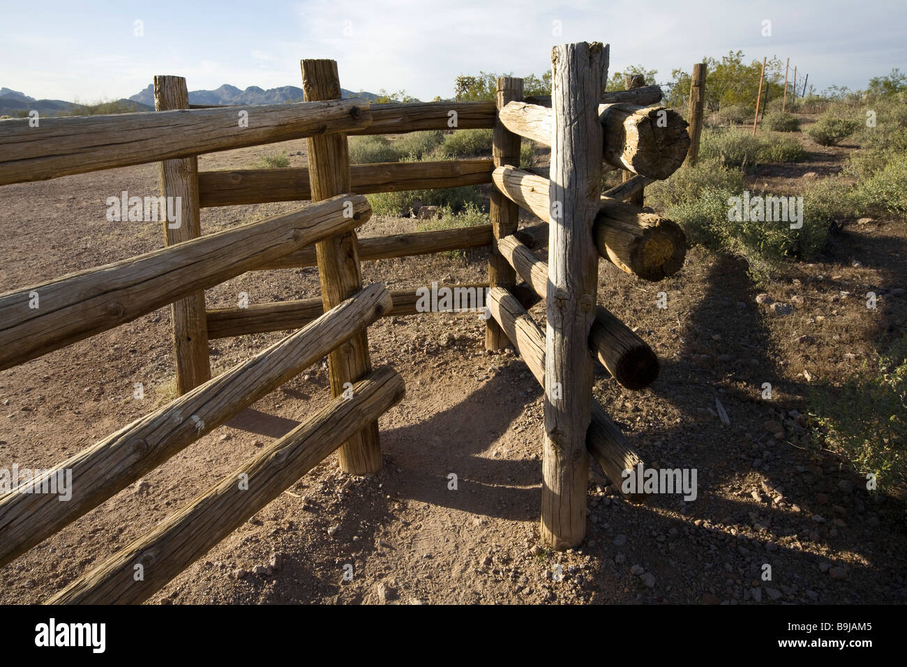 Trail head fence design prevents livestock from escaping and motorized vehicles from entering area Stock Photo