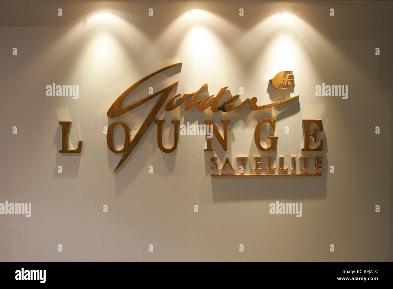 Lettering Golden Lounge, first class lounge of Malaysia Airlines, Kuala Lumpur International Airport, KLIA, Malaysia, Southeast Stock Photo