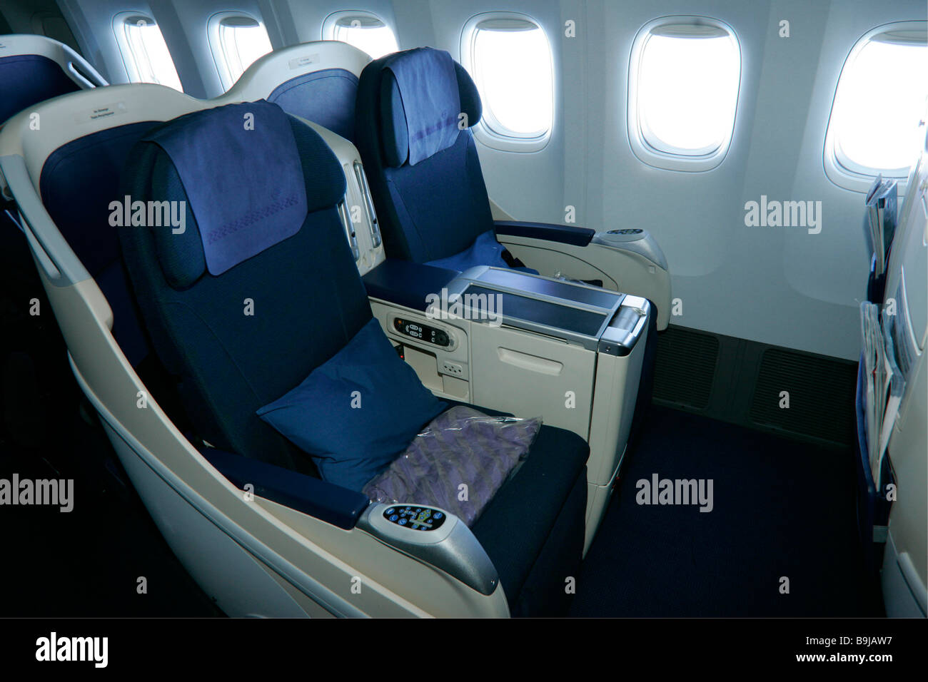 Gold Club Class, Business Class in an aeroplane, Boeing 777-200 Stock Photo