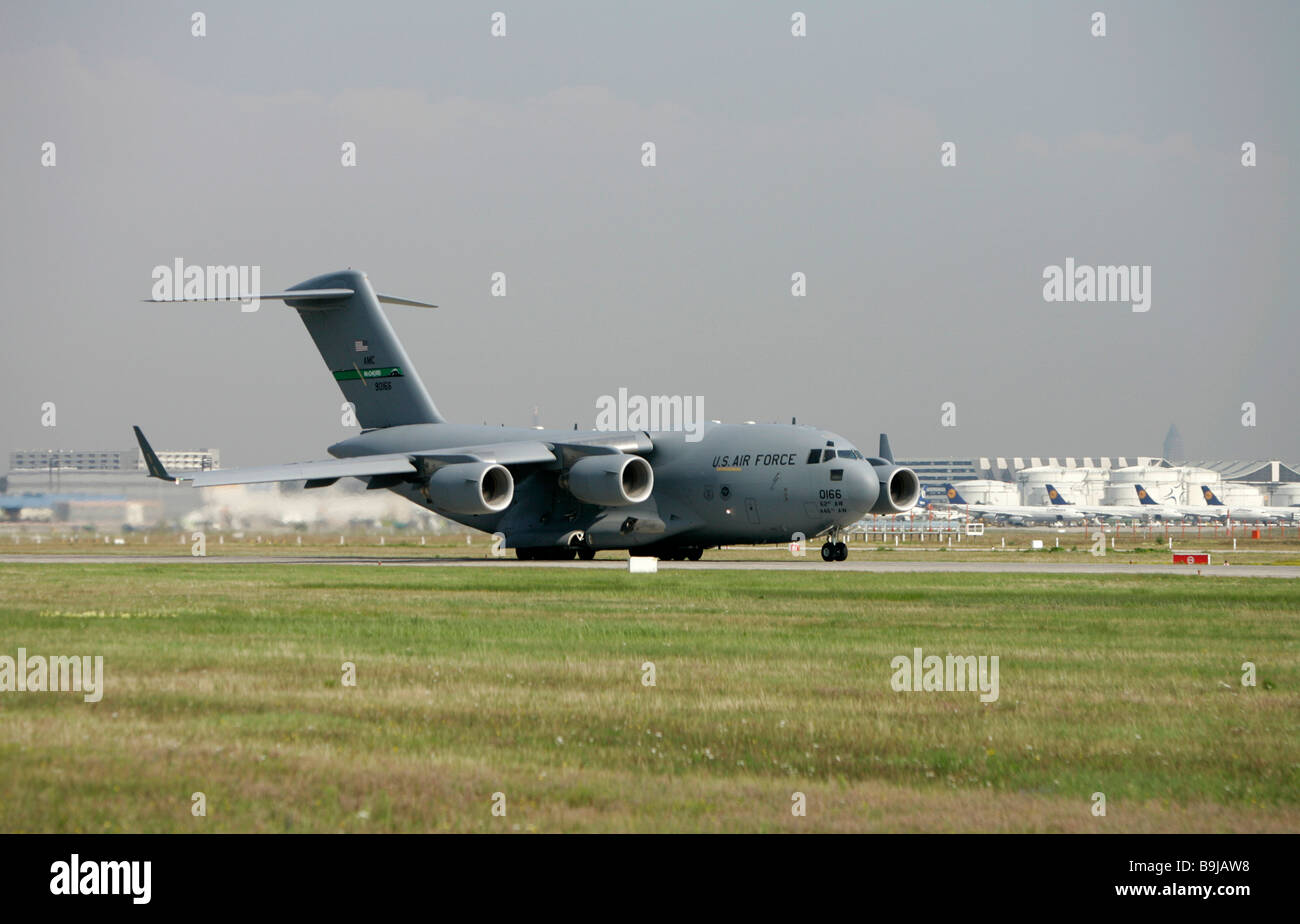 Boeing C-17 Globemaster III, US Air Force, airfreighter taking off at Frankfurt Airport, Hesse, Germany, Europe Stock Photo
