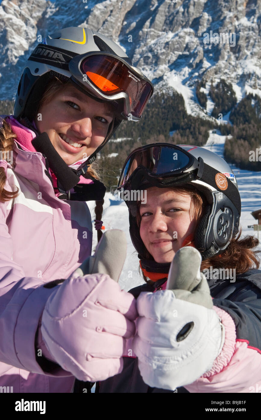 Female skiers with ski helmets, Austria Stock Photo