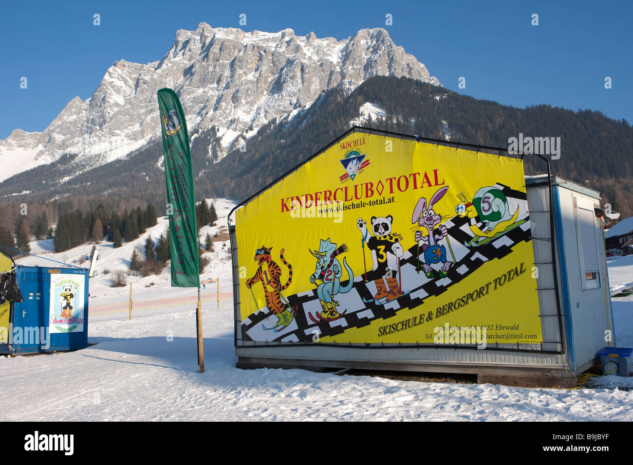 Advertising panel on a ski slope in front of Zugspitze mountain, Ehrwald, Tyrol, Austria, Europe Stock Photo