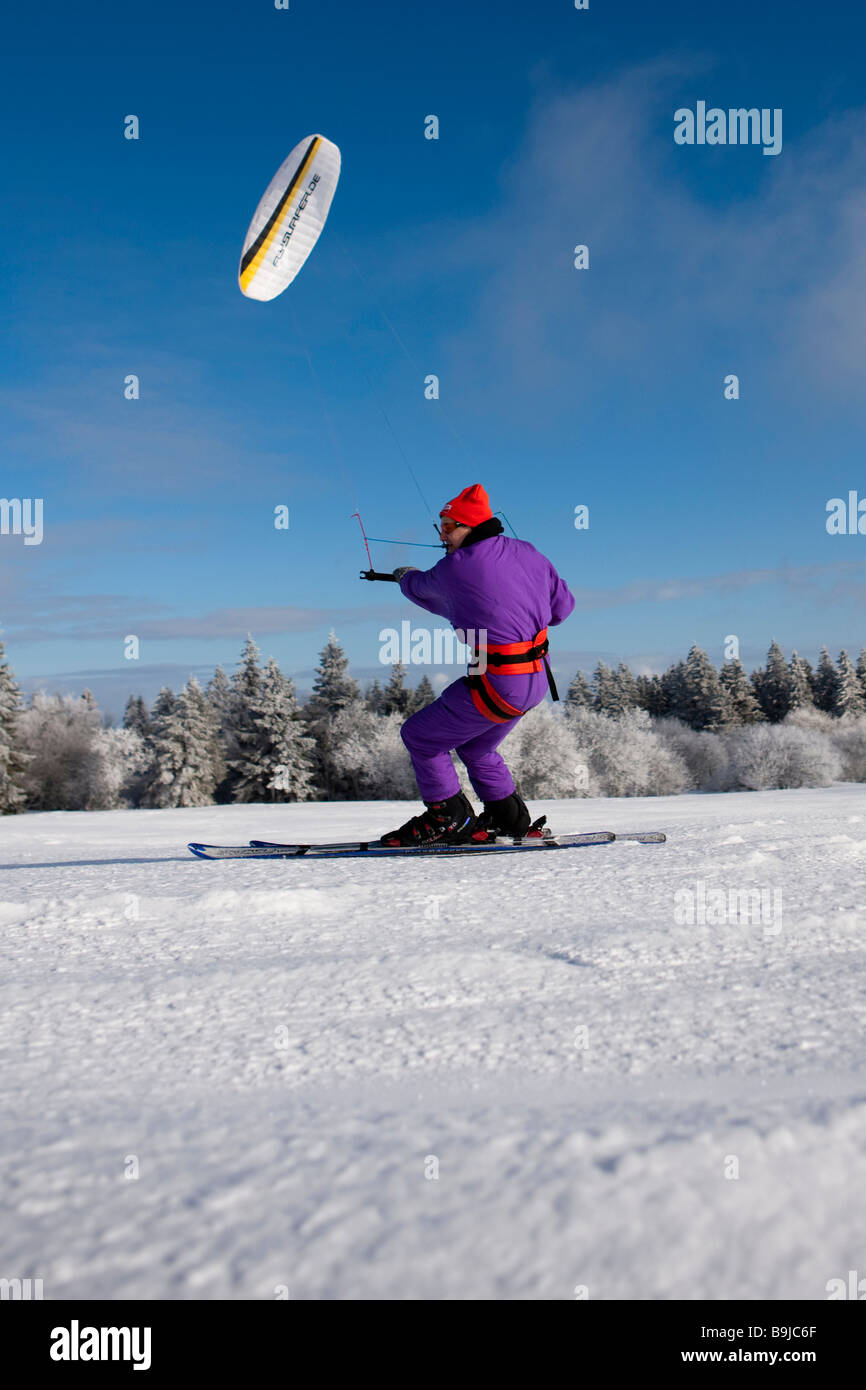 Snowkiting, snowkiter, Mount Wasserkuppe, Rhoen Mountains, Hesse, Germany, Europe Stock Photo