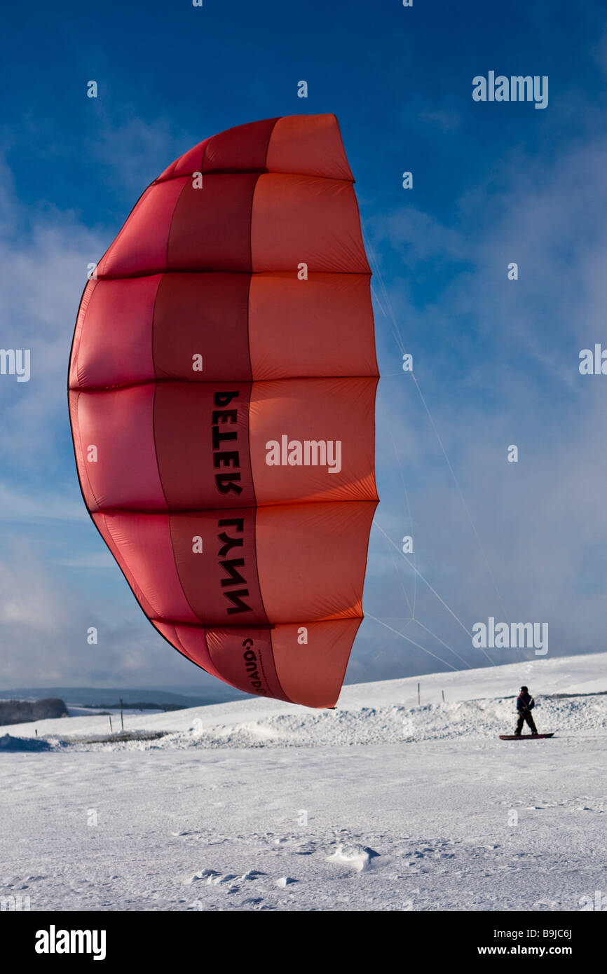 Snowkiting, snowkiter, Mount Wasserkuppe, Rhoen Mountains, Hesse, Germany, Europe Stock Photo