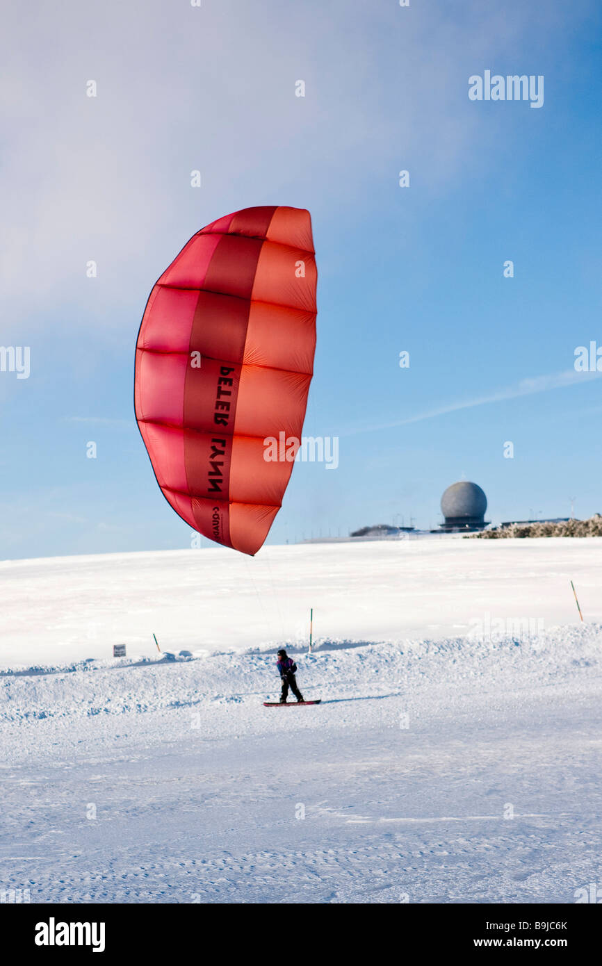 Snowkiting, snowkiter, Mount Wasserkuppe, Rhoen Mountains, Hesse, Germany, Europe Stock Photo