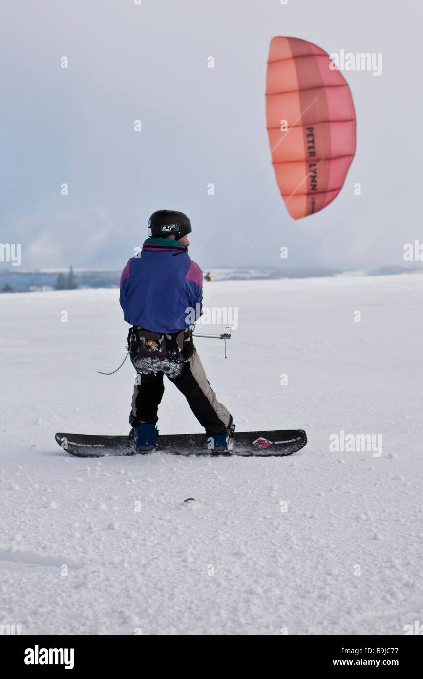 Snowkiting, snowkiter, Mount Wasserkuppe, Rhoen Mountains, Hesse, Germany, Europe Stock Photo