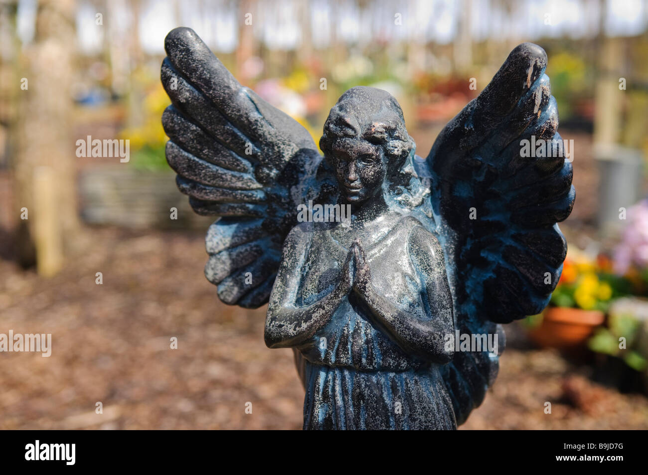 Statue of an angel praying in a garden of remembrance Stock Photo Alamy