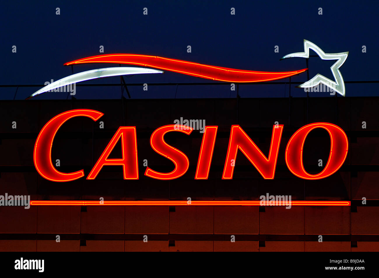 Illuminated writing of a casino, Ribeauvillé, Alsace, France, Europe Stock Photo
