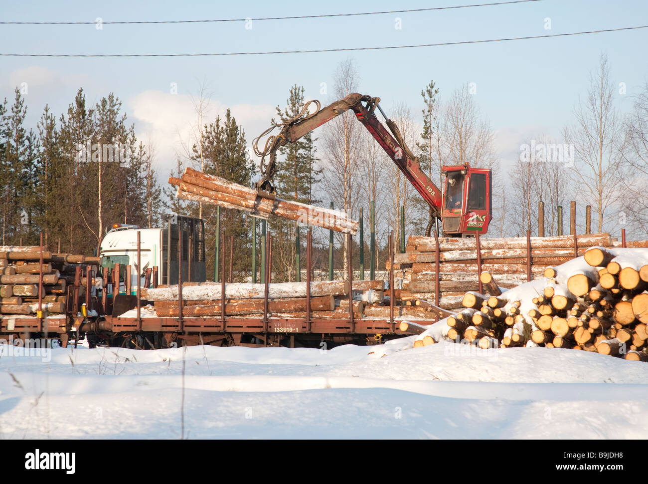 log-truck-driver-loading-logs-to-cargo-log-train-cars-using-truck-crane-at-railroad-depot-at