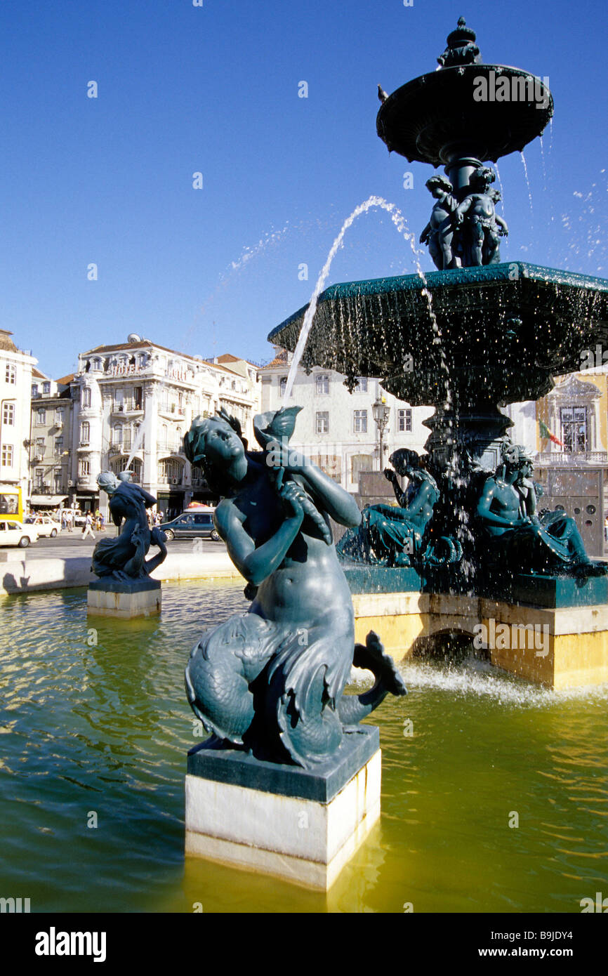 Fountain with sculptures on Rossio Square, Praca de Dom Pedro IV, old city, Lisbon, Portugal, Europe Stock Photo