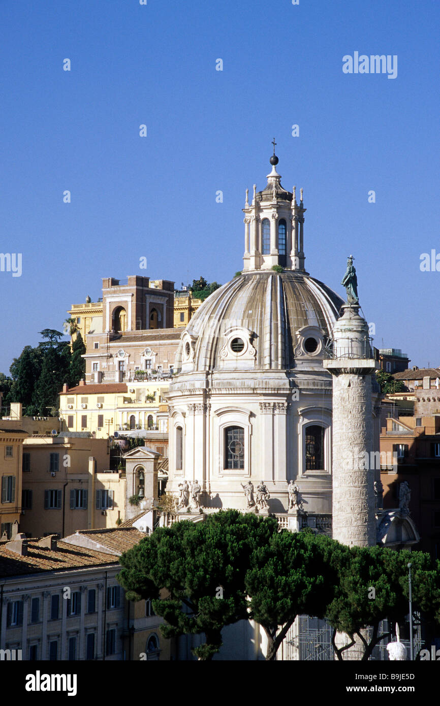 View of the Collonna Traiana Column from the Vittoriano, two church domes, Prefettura, imperial foras, Fori Imperiali, Foro di  Stock Photo