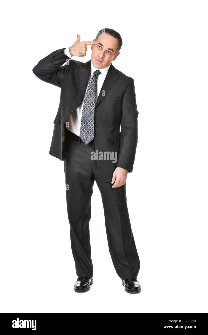 Businessman in a suit gesturing suicide isolated on white background Stock Photo