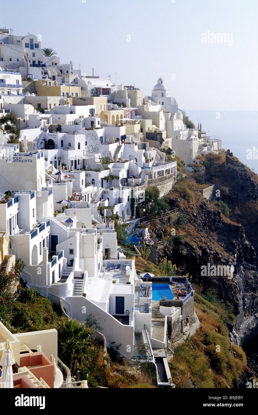 Fira, capital city, with its white houses at the crater rib of the ...