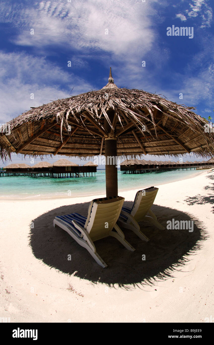 Sunshade, water bungalows, Full Moon Resort, Maldives, Indian Ocean Stock  Photo - Alamy