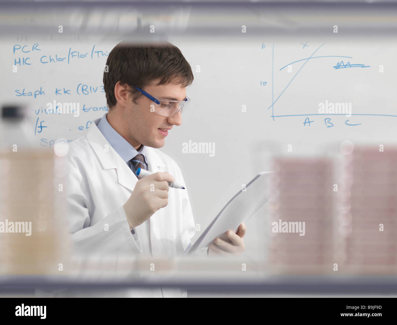 Laboratory technician and whiteboard Stock Photo
