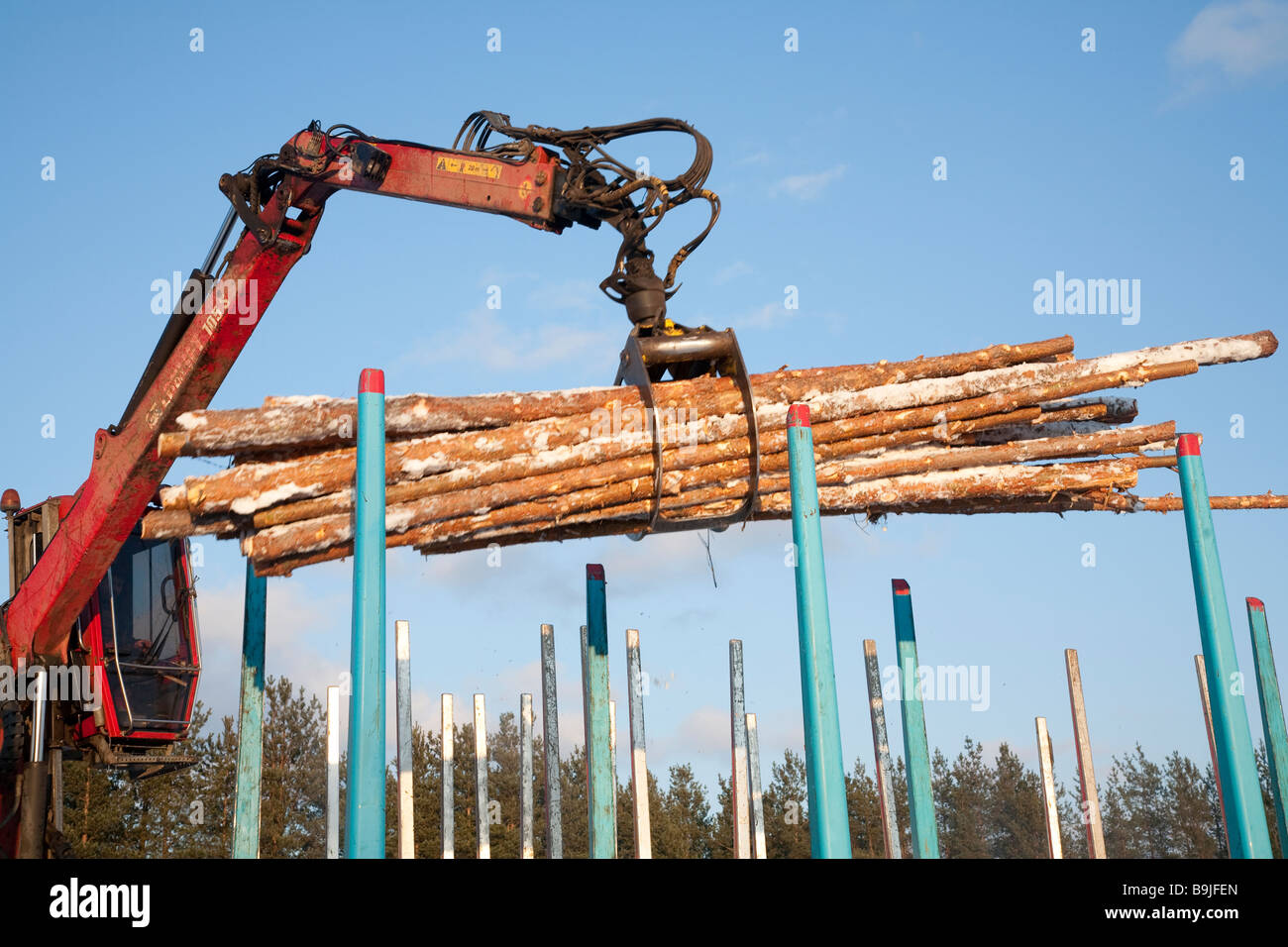 Log truck driver using truck crane and loading logs to cargo log train ...