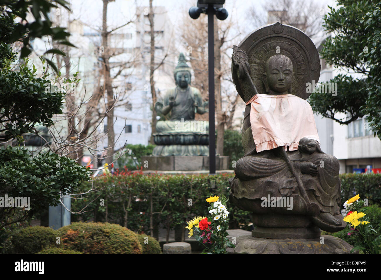 Religious statues in the Sensoji Temple grounds, Tokyo, Japan Stock