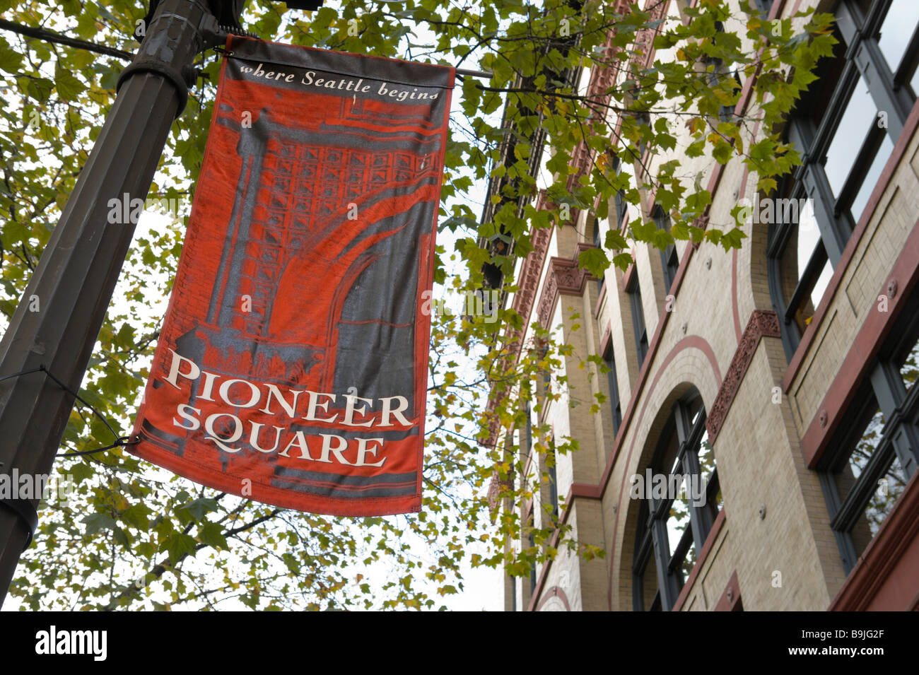 Sign For Pioneer Square Historic District Downtown Seattle Stock