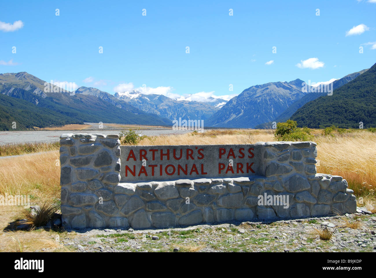 Entrance sign, Arthur's Pass National Park, Canterbury, South Island, New Zealand Stock Photo