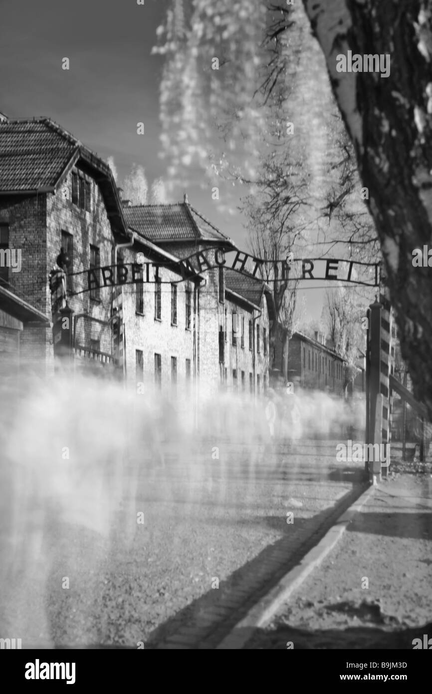 Shot in infra-red. Long exposure of impressions of people walking through the gates of Auschwitz in Poland Stock Photo