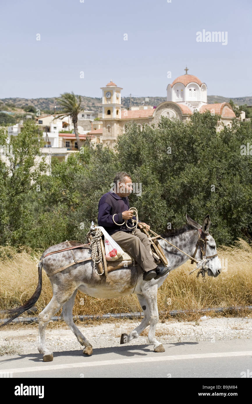 Greece Crete street man donkeys rides sidewards no models release place ...