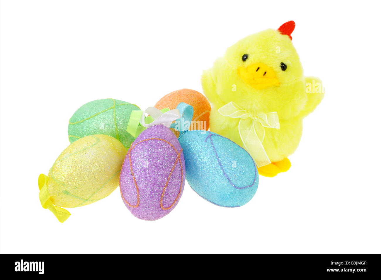 Colorful Easter eggs with mother hen on white background Stock Photo