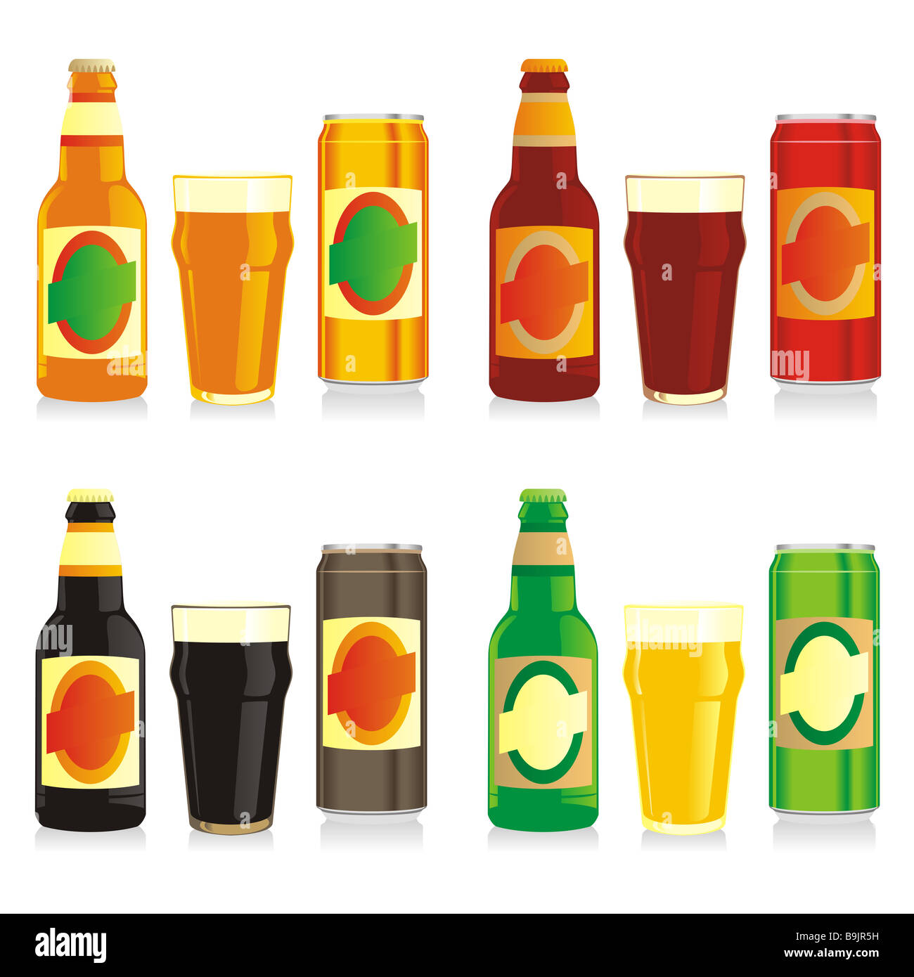 isolated different beer bottles, cans and glasses Stock Photo Alamy