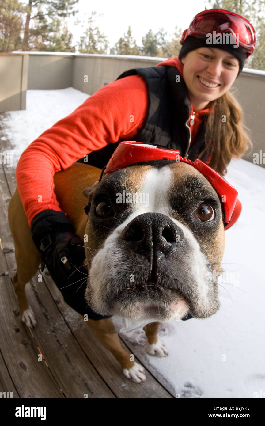 Close up of a young woman and a boxer dog wearing goggles in the snow. Stock Photo