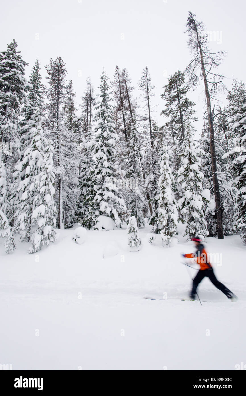 One young woman cross country ski's on a trail in the snow in Bend