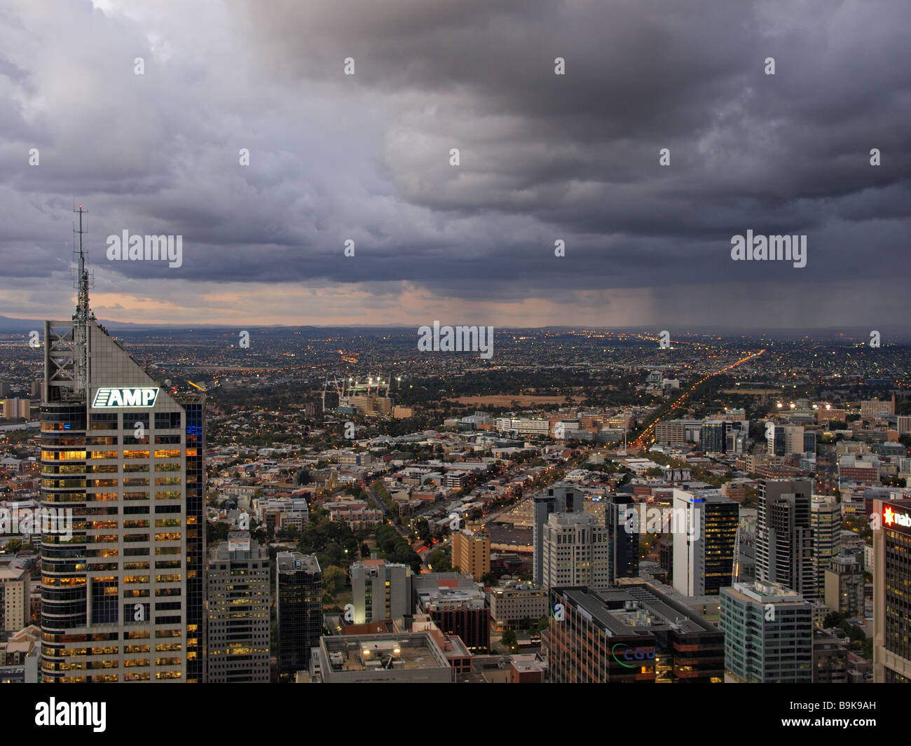 AERIEL VIEW FROM RIALTO TOWER AT DUSK OVER MELBOURNE VICTORIA AUSTRALIA Stock Photo
