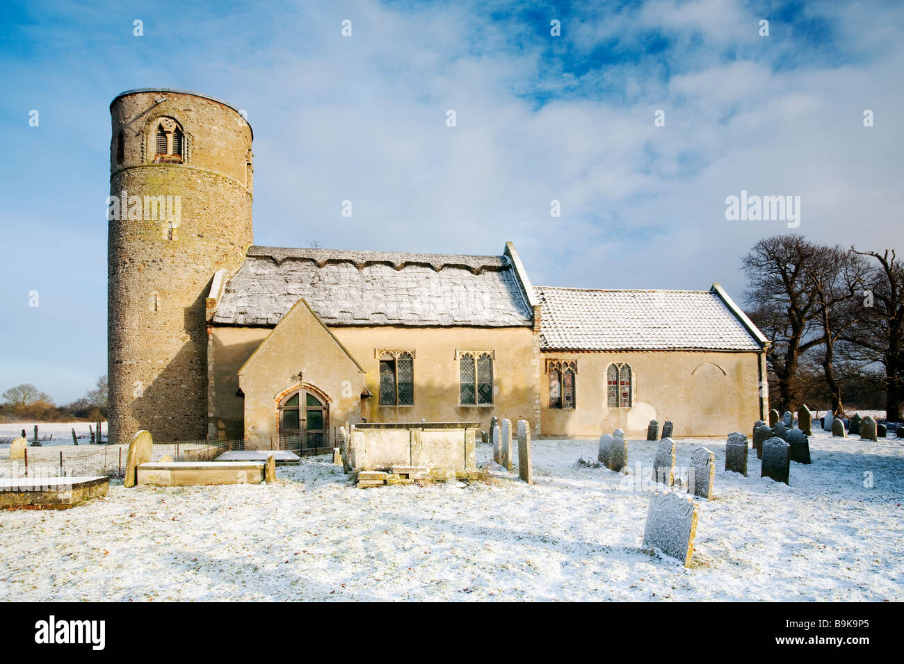 St Margaret Church at Herringfleet, Suffolk following winter snowfall ...