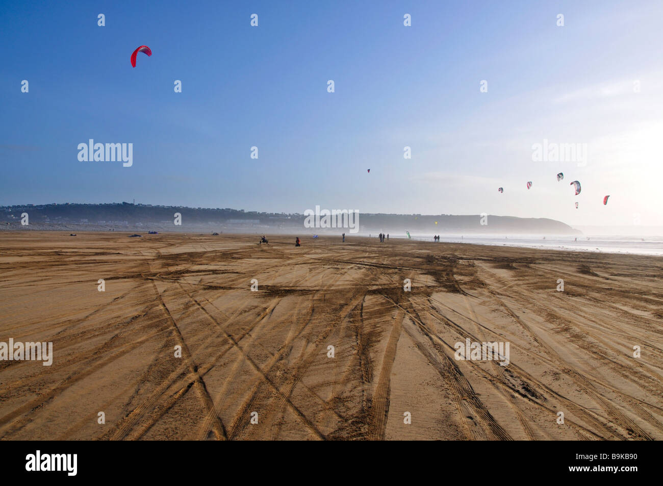 Lots of power kites at Devon beach Stock Photo