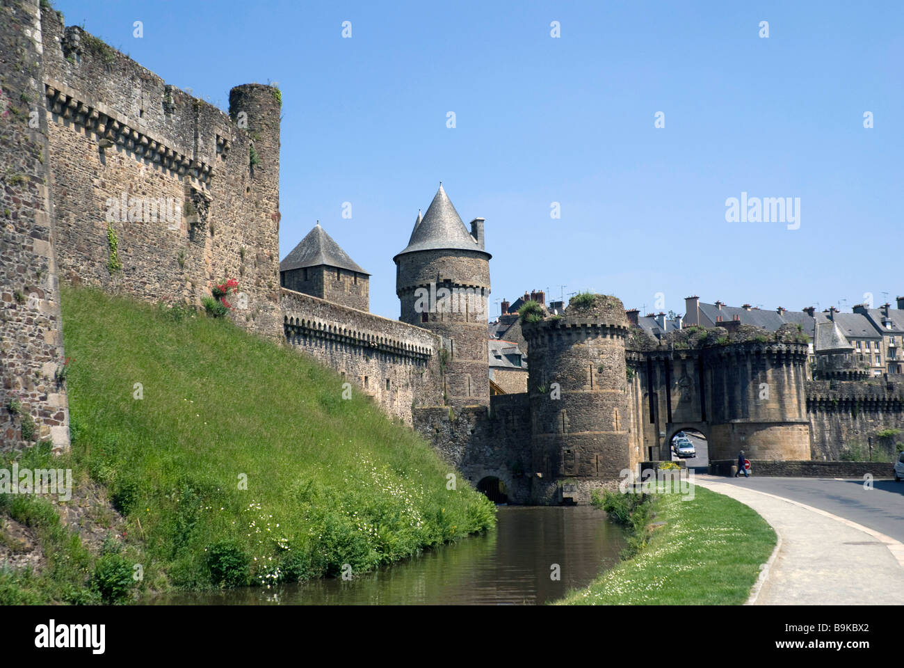 Walls and moat of the castle at Fougeres, Ille et Vilaine, Bretagne